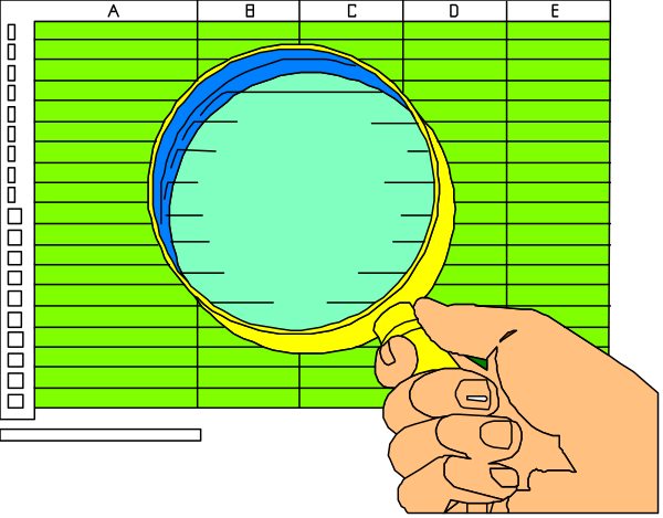The image shows a magnifying glass being held over an open spreadsheet with data on it by someone's hand.
