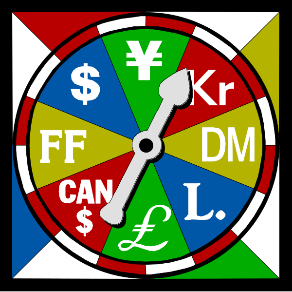 The image shows a colorful wheel with various symbols on it such as currency signs (dollar sign), letters of an alphabet in different languages including English "L", French "F" , Spanish "E", and Russian Cyrillic lettering, along with other icons like the Euro symbol. There is also text that reads 'YES' or 'NO', a dart pointing to one spot on the wheel labeled '$10K'. The background of this image appears black which contrasts sharply against the colorful symbols in white and red hues. This could be interpreted as an