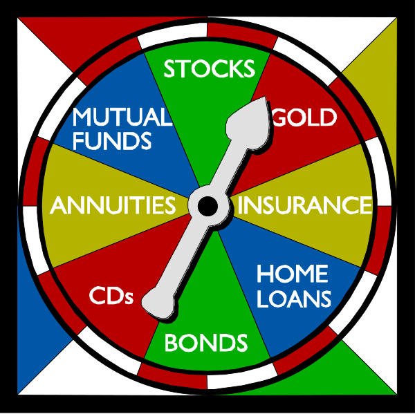The image shows a wheel with various financial terms such as "stocks," "mutual funds," "gold," "bonds," "annuities," "insurance," "home loans," "cds" and other investment options, indicating that it is related to gambling or betting on the stock market.