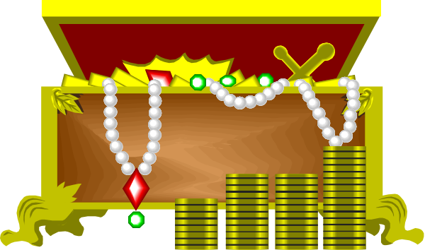 The image shows a treasure chest with an open lid revealing gold coins inside, adorned by red jewels on top of it; there is also a necklace hanging from one side to another in front of the box and some pearls around its base.