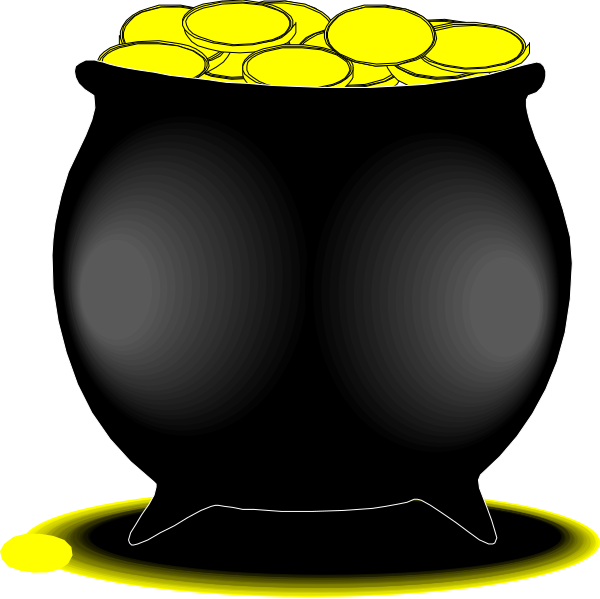 The black cauldron filled with gold coins on a white background.
