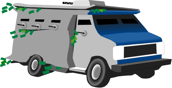The image shows a cartoon van with Christmas decorations on top of it parked next to an evergreen tree during wintertime in front of what appears to be a house decorated for Christmas as well.