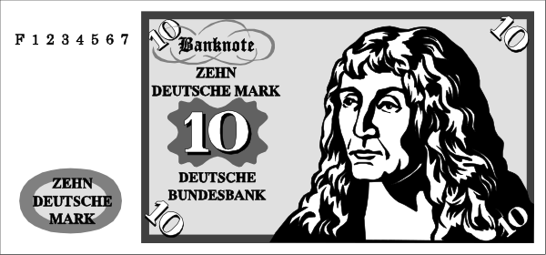 The image shows a German ten euro note with an illustration of Benjamin Franklin on it placed next to another similar banknote in its packaging.