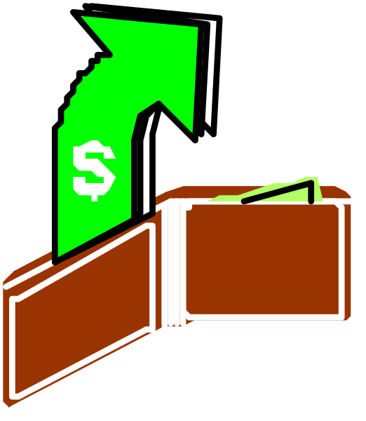 The image shows a cartoon representation of an open briefcase with money spilling out onto a brown surface below it; there is also a green arrow pointing upwards from within the case to indicate growth or increase, and above this scene, in white text on a black background, reads "S".