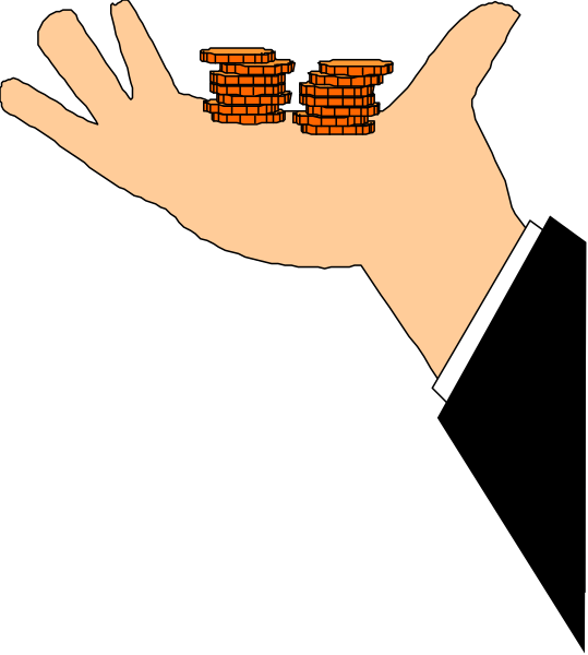The image shows a hand holding two coins with money signs on them against a black background; there is no other visible content in this clip-art illustration.