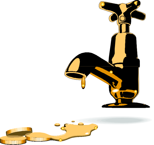 The image shows a cartoon of an old gold faucet with liquid pouring out onto a countertop below it; there is also a small puddle on top of the spout where some drops have fallen off, and two coins lying next to each other in front of the tap.