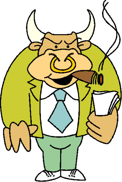 The cartoon depicts a man wearing glasses holding an envelope with his left hand while smoking from a cigar held by him in his right hand; he is standing next to another figure that appears to be a bull, also depicted as a character rather than real animal.