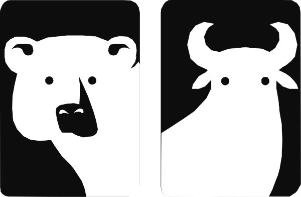 The black and white silhouette of a cow with horns standing next to another animal that appears similar but has antlers instead of ears on its head in an outdoor environment.