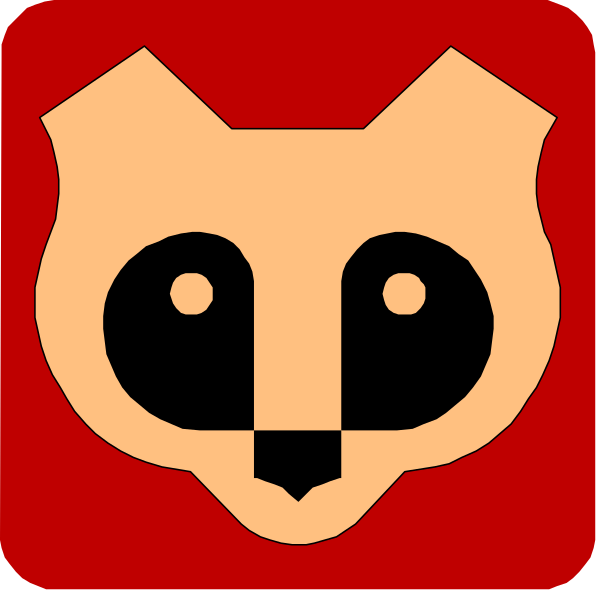 The image shows a red square with two smaller squares inside it: on top is an icon of a fox's face in white against a black background; below that is another small square containing what appears to be a stylized depiction of a cat, also rendered as a simple line drawing.