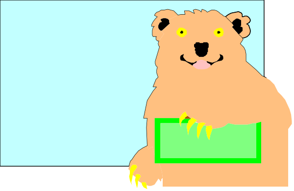 The image shows a cartoon of an animated bear sitting on its hind legs with claws outstretched atop what appears to be a green box in front of it; behind is a simple background that includes two rectangles, one blue and one white, suggesting a window or door frame.