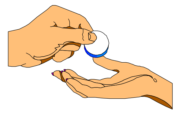 The image shows a hand holding an object with two blue eyes on it while another person's hands hold up what appears to be a small white sphere above the first item.