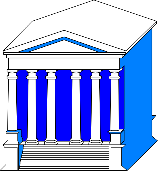 The image shows a stylized illustration of an ancient Greek temple with columns on either side at its base, set against a blue background that resembles sky.