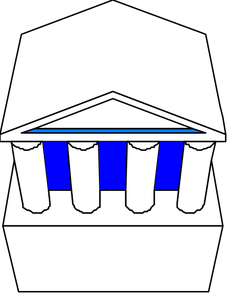 The image shows a stylized graphic of an ancient Greek temple with columns on either side and blue doors at its center, set against a white background that resembles paper texture.