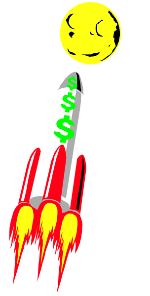 The image shows a rocket with money on it flying through space next to an illustration of Earth at night under a full moon.