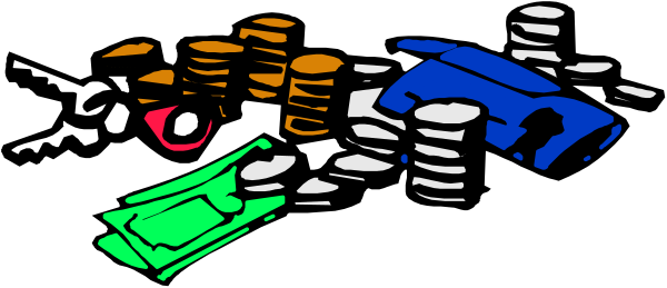 The image shows a collection of coins on top of bills with various denominations scattered around them against a dark background.