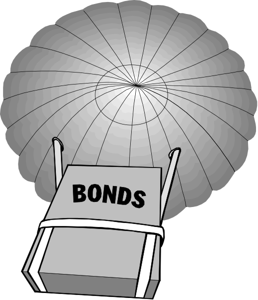 The cartoon shows a parachute with an umbrella inside it floating above two chairs labeled "bonds."