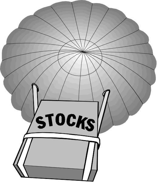 The image shows a cartoon of an umbrella with text that reads "STOCKS" on it above what appears to be a chair labeled as such in black lettering against a white background.