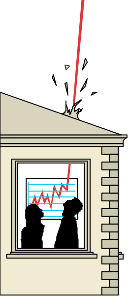 The image shows a cartoon of an outdoor scene at night with two characters looking out from inside their house through windows; there is no text present in this small clip-art illustration.