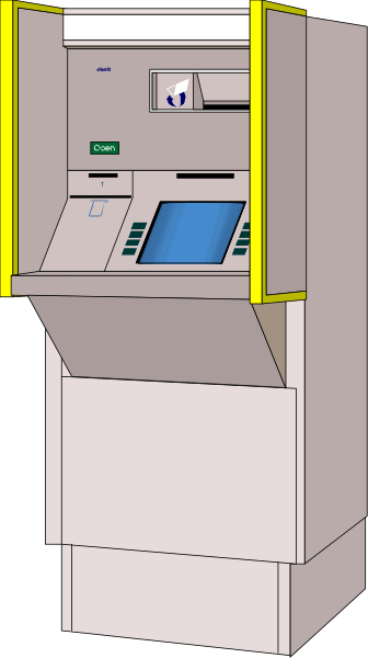 The image shows a digital rendering of an ATM machine with its screen displaying "0" on it, standing next to what appears to be a small building structure that could represent part of another larger establishment like a bank or storefront.