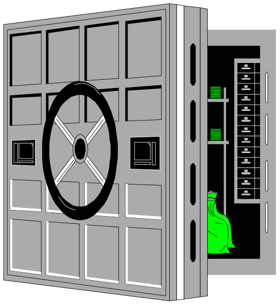 The image shows a gray safe with an open door revealing its interior filled with stacks of money; there is no visible person or animal in this clip-art illustration set against a black background.