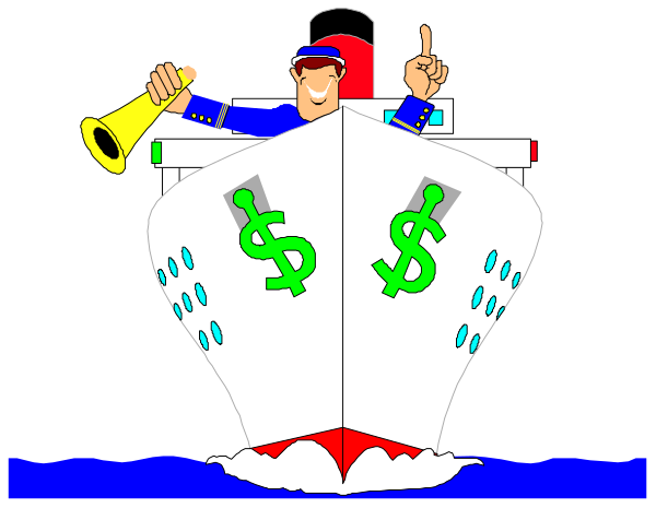 The image shows a cartoon of an animated character dressed as Captain Morgan holding up two fingers on top of what appears to be a ship with money symbols around it in water that is splashing upward from its base, suggesting movement through waves; there's also another figure pointing at something off-screen.
