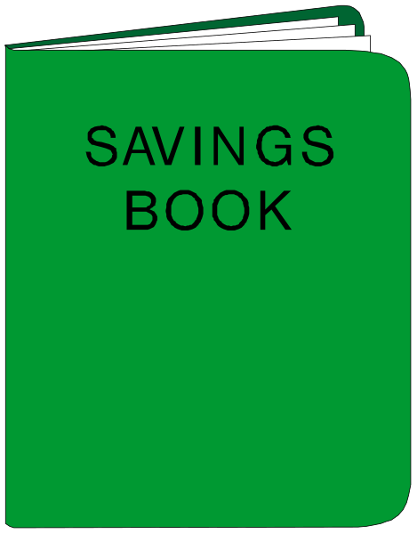 The image shows a green book with white text that reads "SAVINGS BOOK" on its cover.