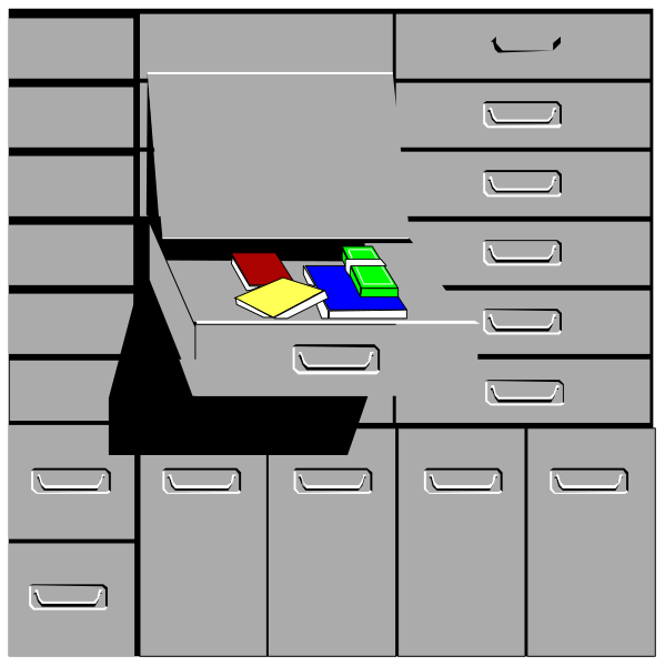The image shows a gray filing cabinet with drawers open to reveal colorful folders inside; there is no visible text in this clip-art illustration.