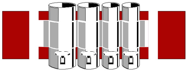 The image shows a pixelated representation of three cans with red labels stacked on top of each other against a gray background.