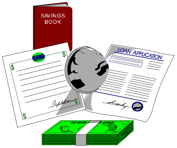 The image shows a collection of financial documents including papers with text like "savings book," an open envelope labeled "loan application" on top of other paperwork such as receipts, forms, and bank statements, all spread out in front of what appears to be money or currency notes.