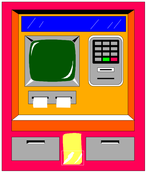 The image shows a colorful ATM with an orange frame inside of which there is a green screen displaying numbers 0 through 9 on its keypad area; above it hangs what appears to be a small television monitor, and below that is another smaller TV or computer screen showing the same number pad. To the right side of this image stands a tall red vending machine with two slots for insertion atop one another, each slot containing an item: in the topmost slot there's something greenish-blue; beneath it sits what looks like a yellow envelope on its