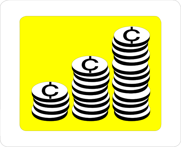 The image shows a stack of coins with "C" on them next to stacks of money that represent currency from different countries.