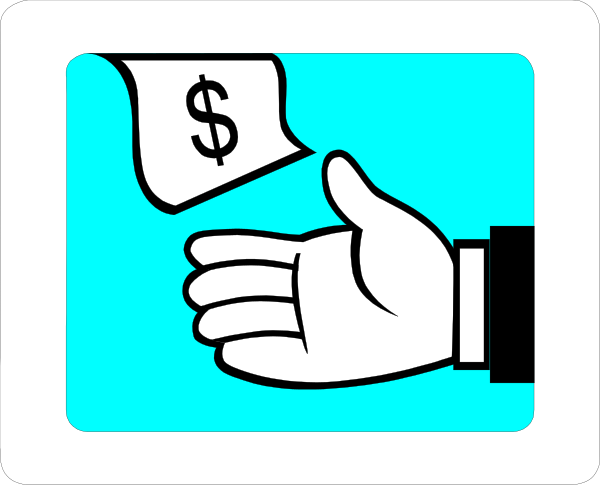 The image shows a hand holding money with an icon of someone giving it away to another person who is receiving cash from them.