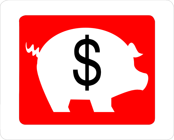 The image shows a pig with money signs on its ears next to an icon of a banknote that says "Savings."