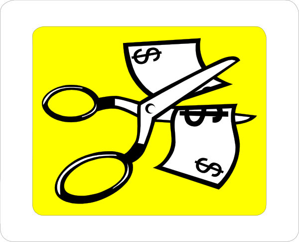 The image shows a pair of scissors with paper attached to them on top right corner against yellow background; below it is an icon depicting two hands holding papers together in center bottom area.