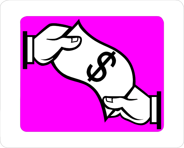 The image shows a pink background with two white stickers on it: 1) A black silhouette of an open hand holding money bags; 2) An icon depicting a dollar sign inside a red circle, which is often associated with prohibition or restricted areas in some contexts. There are no texts present within the image to provide additional information about what these stickers represent specifically. The style appears cartoonish and simplistic without any intricate details that would allow for more specific descriptions of objects or actions depicted on them.