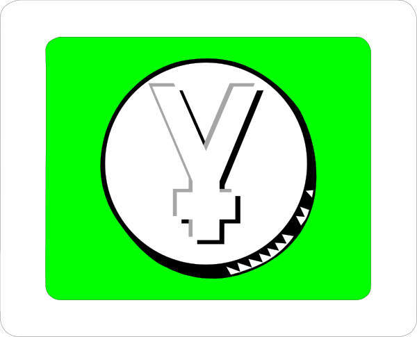 The image shows a collection of three different logos with text on them:

1) A green logo at top left corner featuring an abstract design resembling a stylized letter 'Y' in white, set against a black background and bordered by two thin lines forming the shape of a rectangle. Below this graphic is some indistinct text that appears to be part of a larger branding or company name but not fully legible due to resolution limitations.
2) A circular logo at top right corner with an emblem resembling a shield, divided into four quadrants