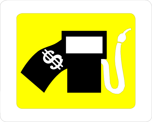 The image shows a yellow sign with an icon of a gas pump on it next to a dollar bill symbolizing money.