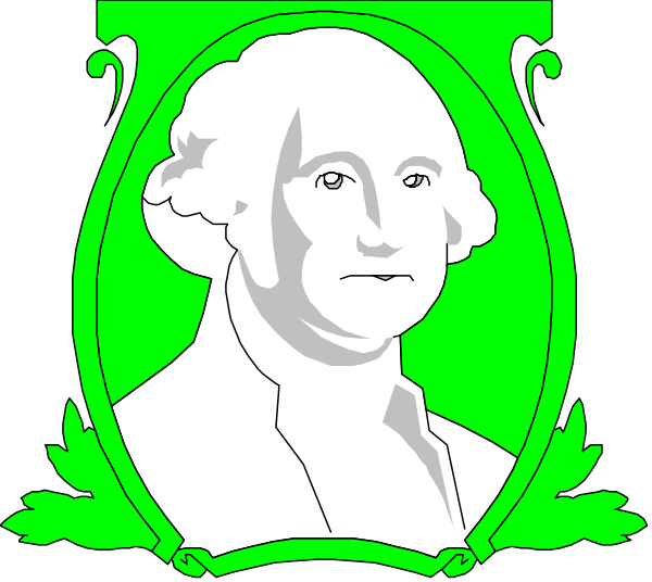 The image shows a black and white illustration of George Washington's portrait within an oval frame with decorative borders on either side; there is no text present in this clip-art version.