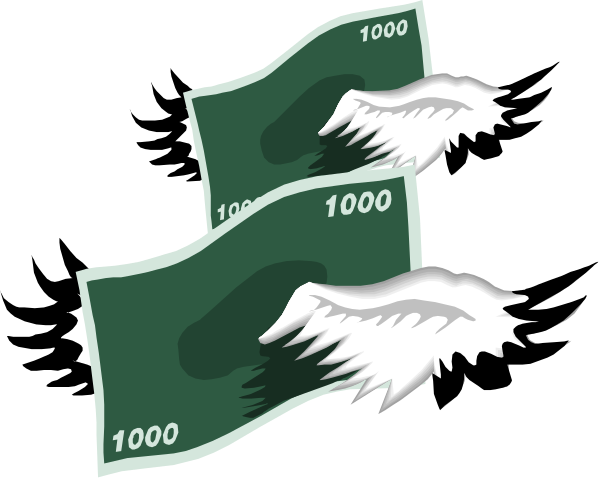 The image shows three stacks of money with a dollar sign on each bill, placed next to an illustration that resembles two wolves in flight above them.