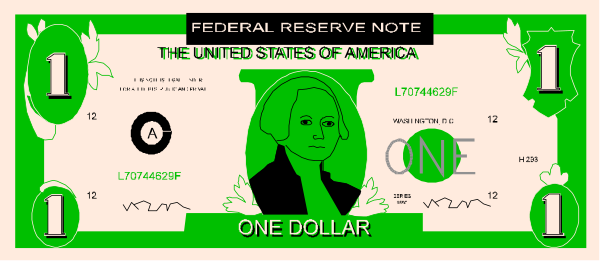 The image shows a green two dollar bill with various designs on it including an American flag pattern, text that reads "FEDERAL RESERVE NOTE," and images of what appears to be a woman's face in profile view at both ends of the note.