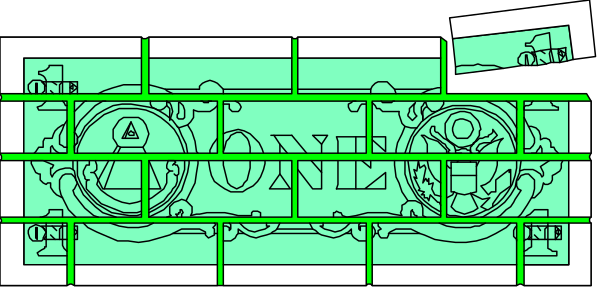The image shows a black and white illustration of an old-fashioned cash register with various denominations displayed on its front panel: one dollar bill at top left corner; two five cent pieces in center, right above each other; ten cents piece to bottom left below twenty dollars note; fifty cents coin directly beneath the hundred dollars sign.