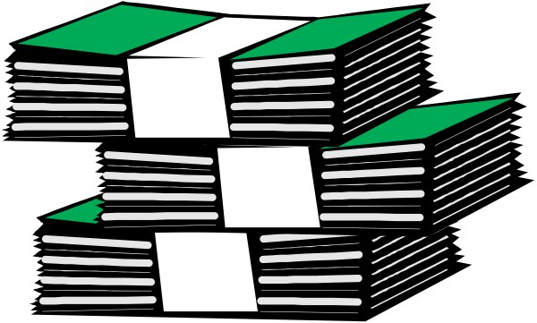 The image shows a stack of papers with various designs on them placed against a dark background; there is no text present within this clip-art illustration.