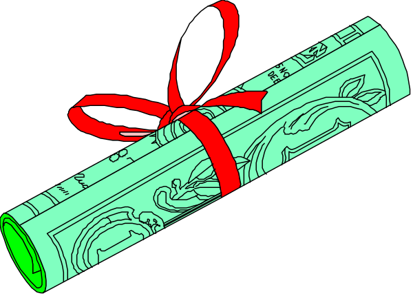 The image shows a scroll with red ribbon tied around it on top of another roll that has green tape wrapped around its center.