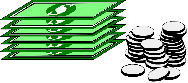 The image shows a collection of coins on top of stacks of money with an abstract background that resembles playing cards in various orientations.