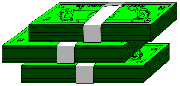 The image shows a stack of US dollar bills with green tinting around them on top of what appears to be another pile of money in front of it all.