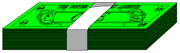 The image shows a stack of US dollar bills with an American flag design on them placed next to each other against a gray background.