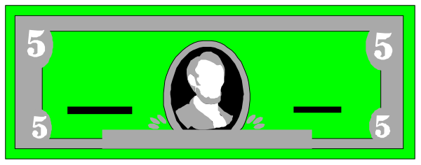 The image shows a five dollar bill with two portraits on it: George Washington's profile to its left side and Benjamin Franklin's portrait in the center of the note.