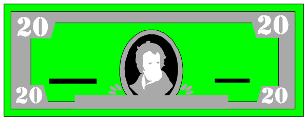 The image shows a pixelated representation of an American twenty dollar bill with two portraits on it: George Washington's profile to its left side and Benjamin Franklin's portrait in the center-right area, both surrounded by green rectangles that resemble security features typically found on real currency bills.