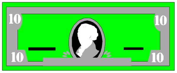 The image shows a green US ten dollar bill with two black silhouettes of men on it placed over each other's heads in front view.
