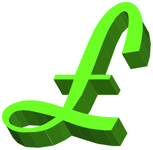 The image shows a green pound sign with an abstract design resembling money next to it on its right side.